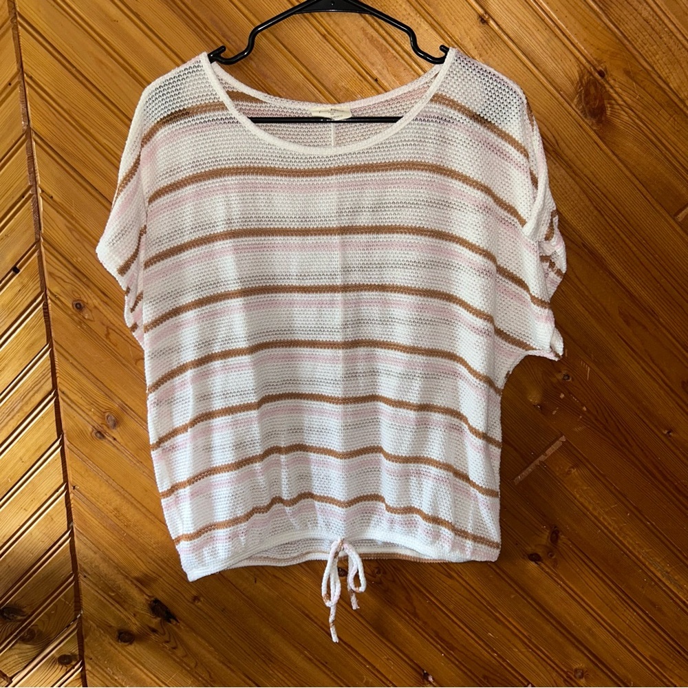 Free Kisses White and Tan Striped Short Sleeve Top 1X